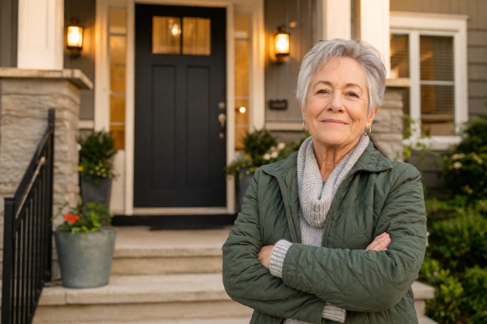 Confident elderly woman standing in front of her home representing independence and aging in place planning