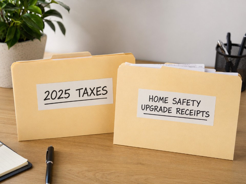 Folders labeled 2025 taxes and home safety upgrade receipts on a table representing funding for home safety and tax claims