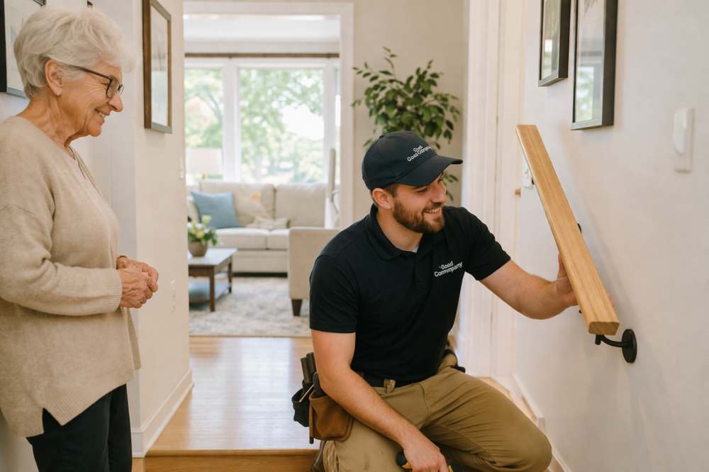 Home ally installing a handrail in a Toronto home while assisting a homeowner
