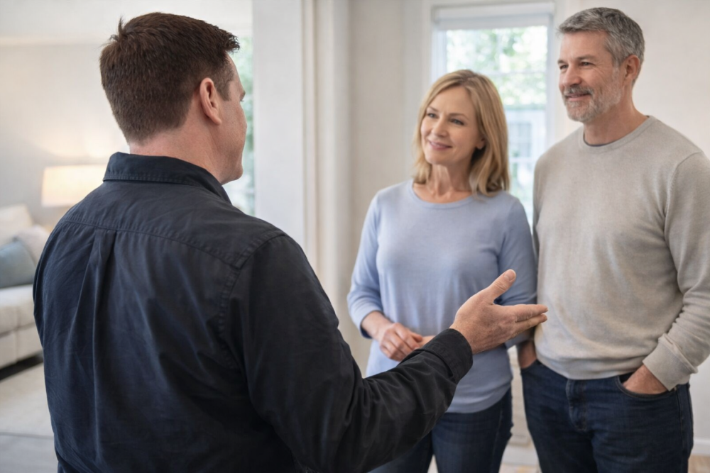 Handyman discussing home repairs with homeowners in Toronto as an alternative to TaskRabbit or Jiffy