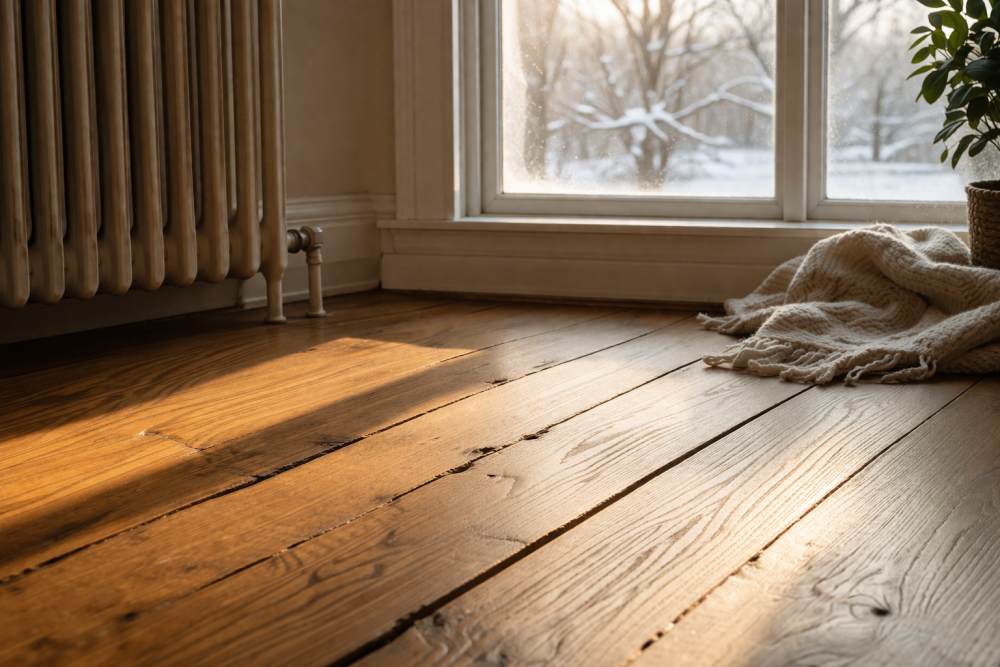 hardwood floor with small gaps between boards caused by dry air in house winter conditions