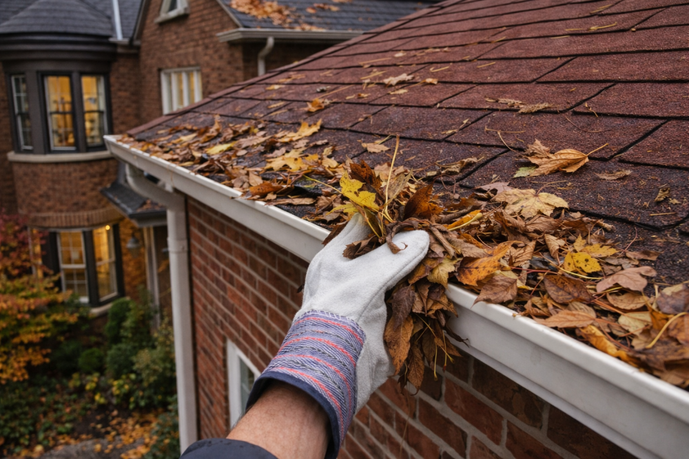 Cleaning leaves from gutter on a Toronto brick home in autumn as part of seasonal home maintenance