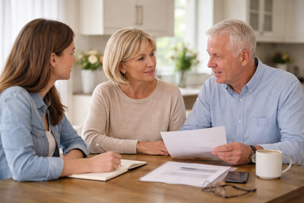 Adult daughter speaking with older parents at a kitchen table about care and support at home