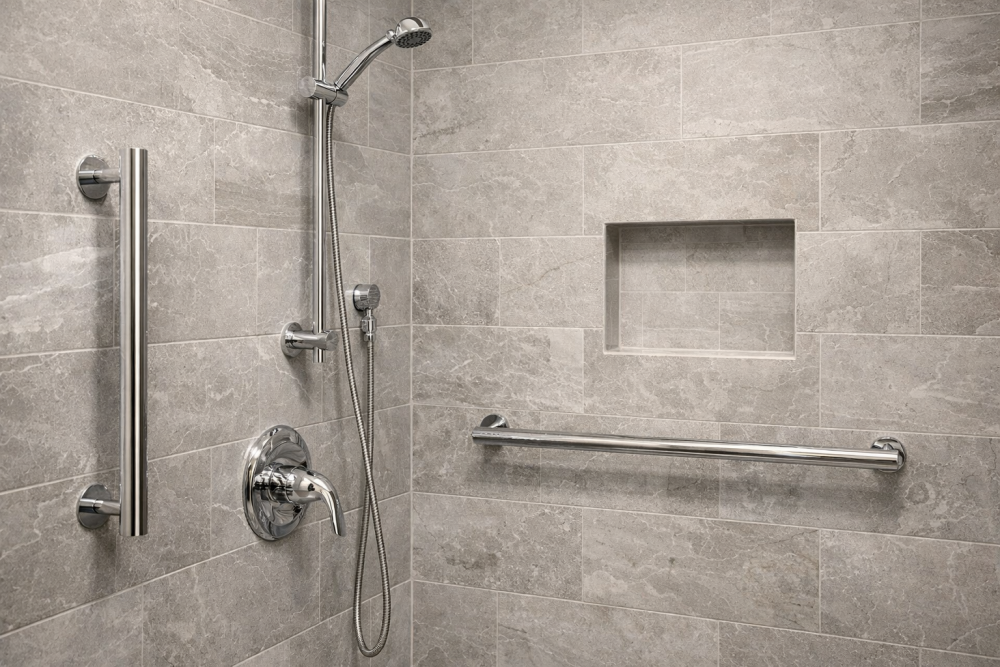 Modern shower with chrome grab bars, handheld shower, and built-in niche as part of thoughtful home modifications for safety and comfort