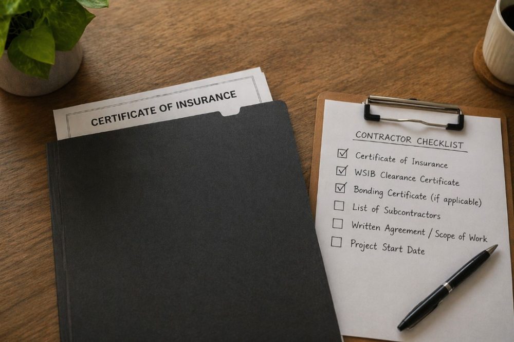 Documents and checklist showing how to check if a contractor is insured in Ontario including insurance certificate, WSIB clearance, and bonding