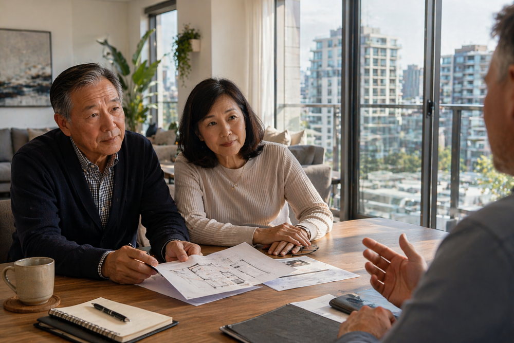 Older couple reviewing a home estimate while choosing a home service provider in a Toronto condo
