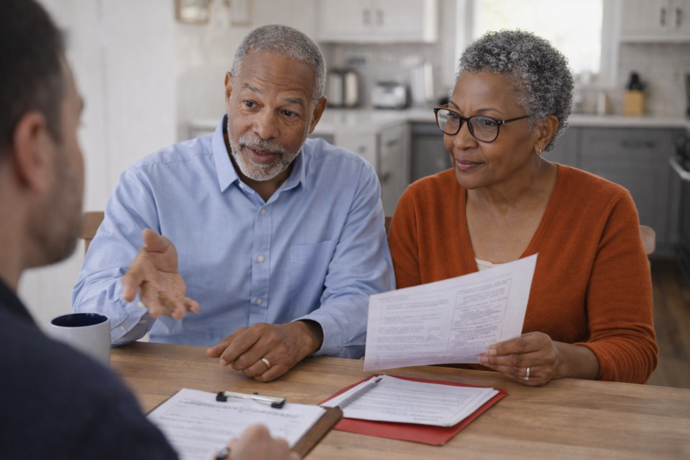 Older couple reviewing documents and discussing a home project with a contractor at their kitchen table