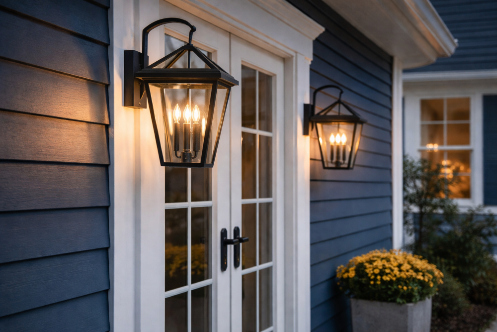 Black lantern-style exterior wall lights mounted on blue siding beside a front door