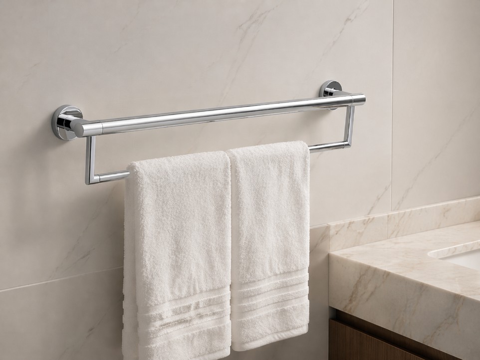 Chrome grab bar with towel rack design installed in a modern bathroom with folded white towels