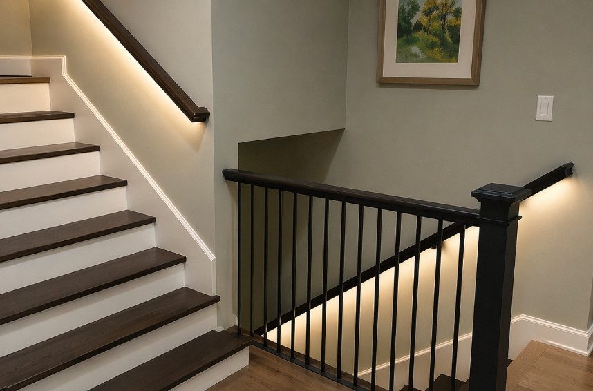 A staircase and landing showing hand rails with LED lighting.