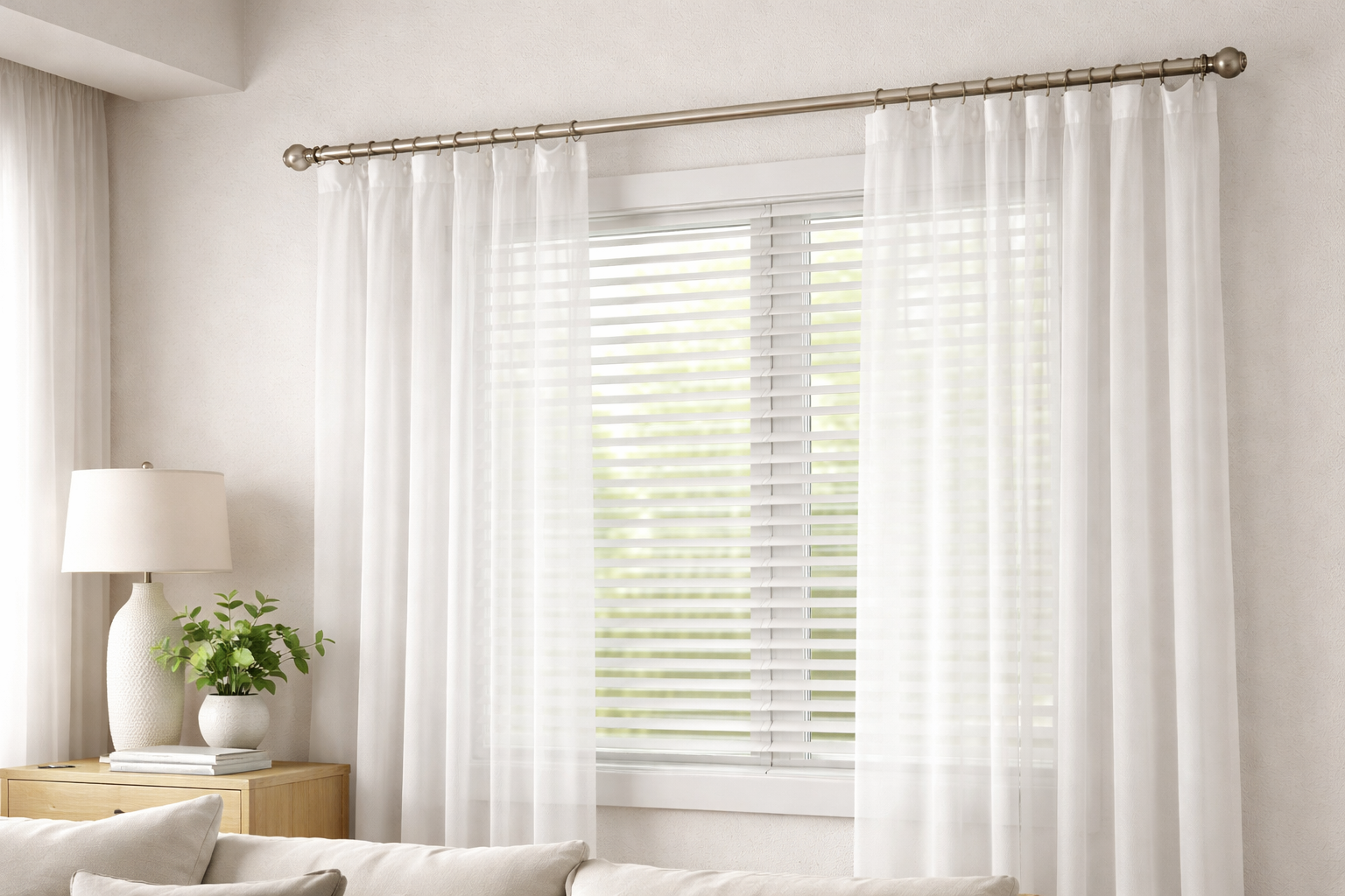 Example of curtain rod installation with sheer curtains and blinds in a modern living room