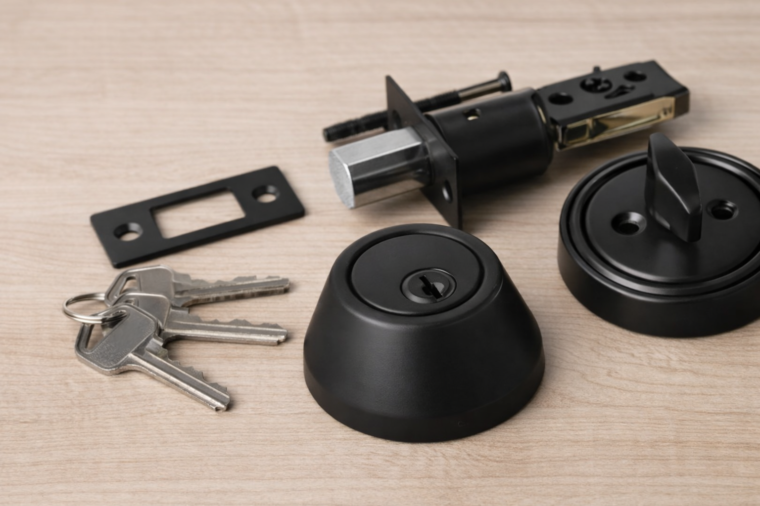 Deadbolt lock hardware set on a light wood surface, representing door lock installation in Toronto