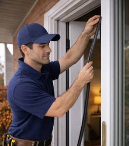 Technician replacing weatherstripping seal around an exterior door at a Toronto home in autumn