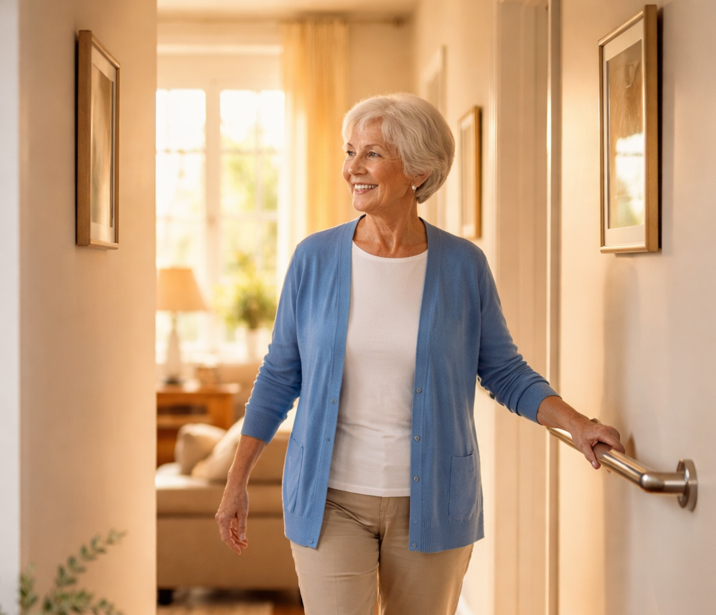 Older adult walking confidently in a well-lit hallway with a wall-mounted handrail for support