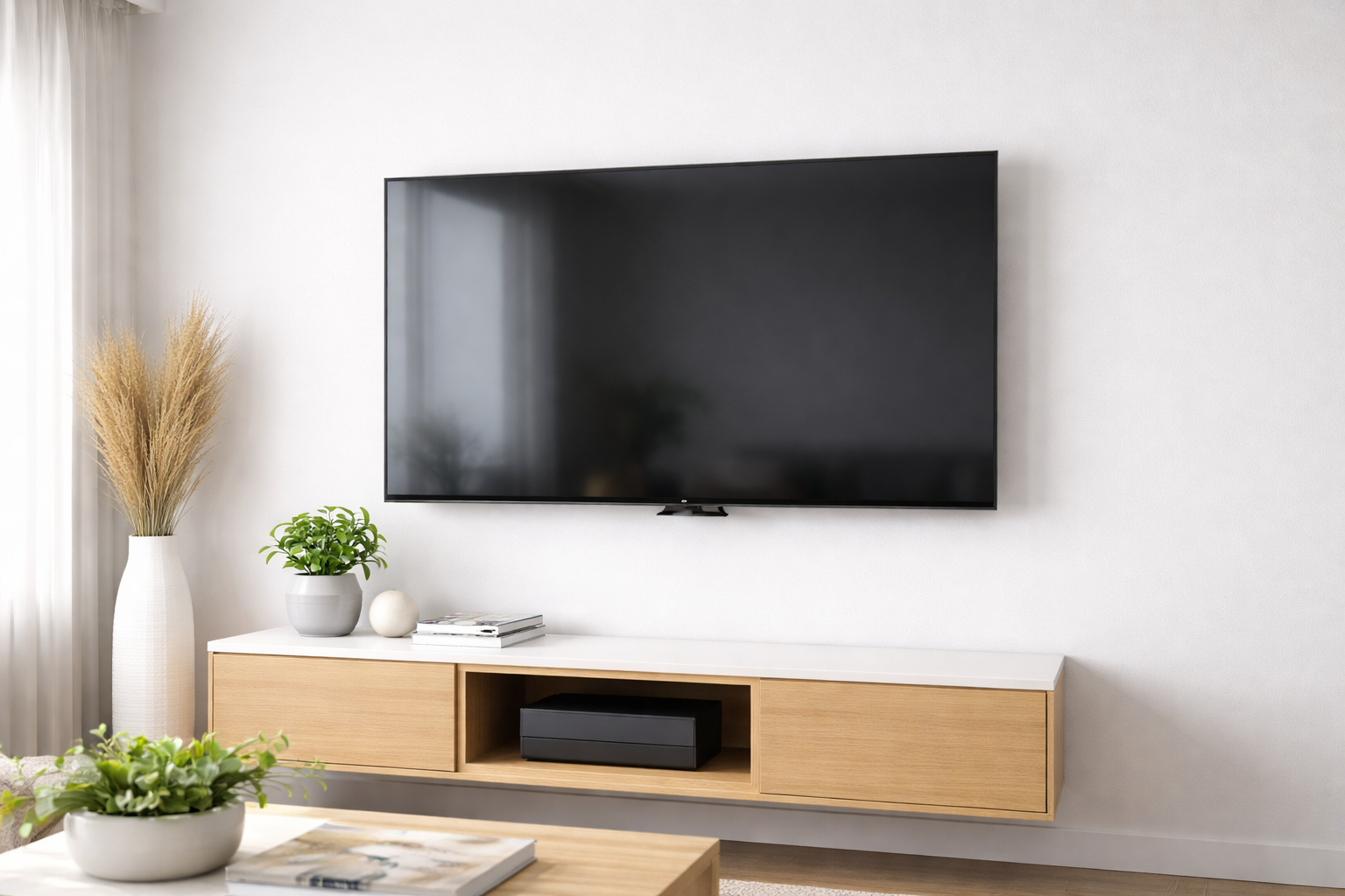 Example of a wall-mounted TV installation in a modern living room with clean, level placement