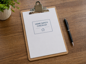 Home safety checklist on a clipboard with pen on a wooden table in Toronto home