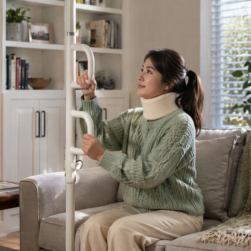 Woman using a floor to ceiling support pole for stability in a living room in Toronto