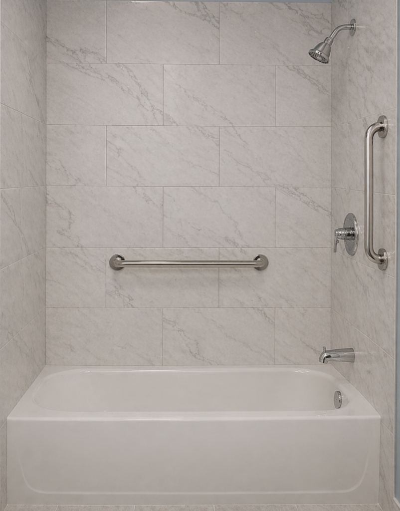 grab bar installation guide showing back wall grab bar placement in shower or tub for balance and support