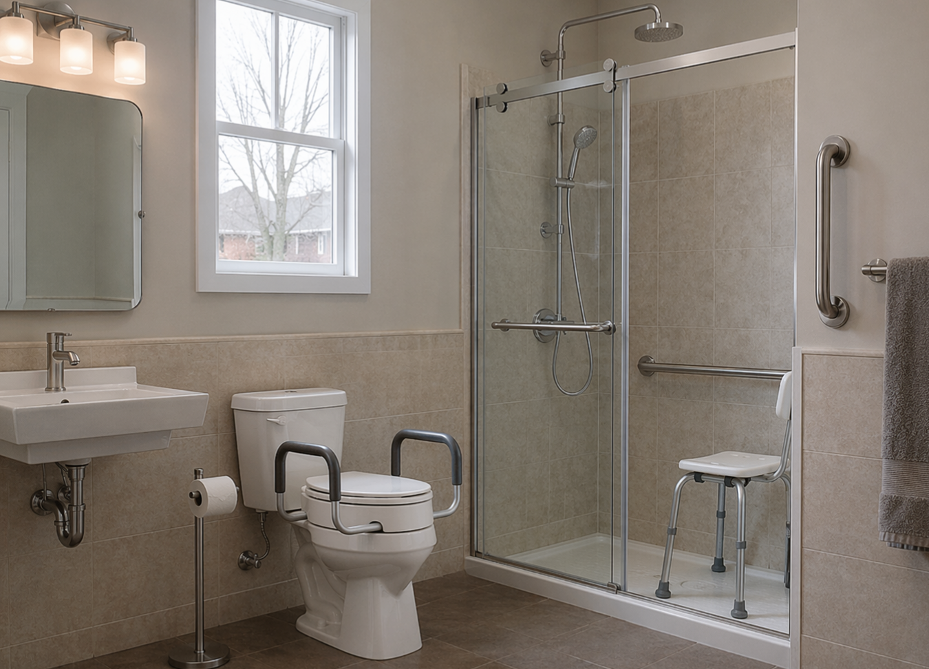 Accessible bathroom with safety equipment including shower chair, grab bars, and raised toilet seat installed in Toronto home