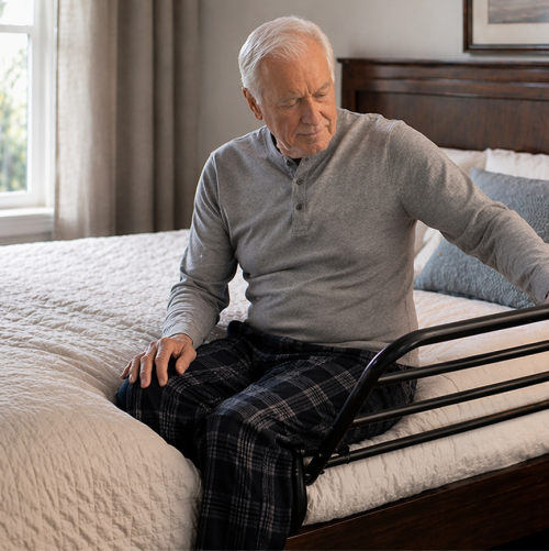 Bed rail installed on a bed to support safe movement and transfers in a Toronto home