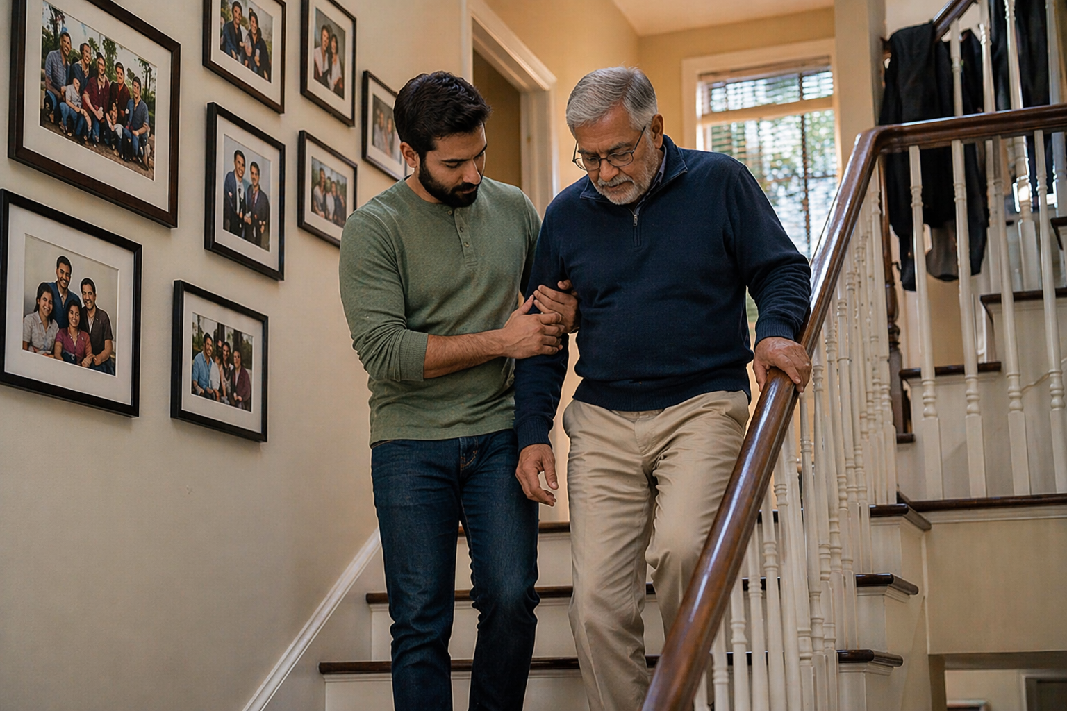 Adult son assisting aging parent safely down stairs in home, demonstrating practical home upgrades for aging parents
