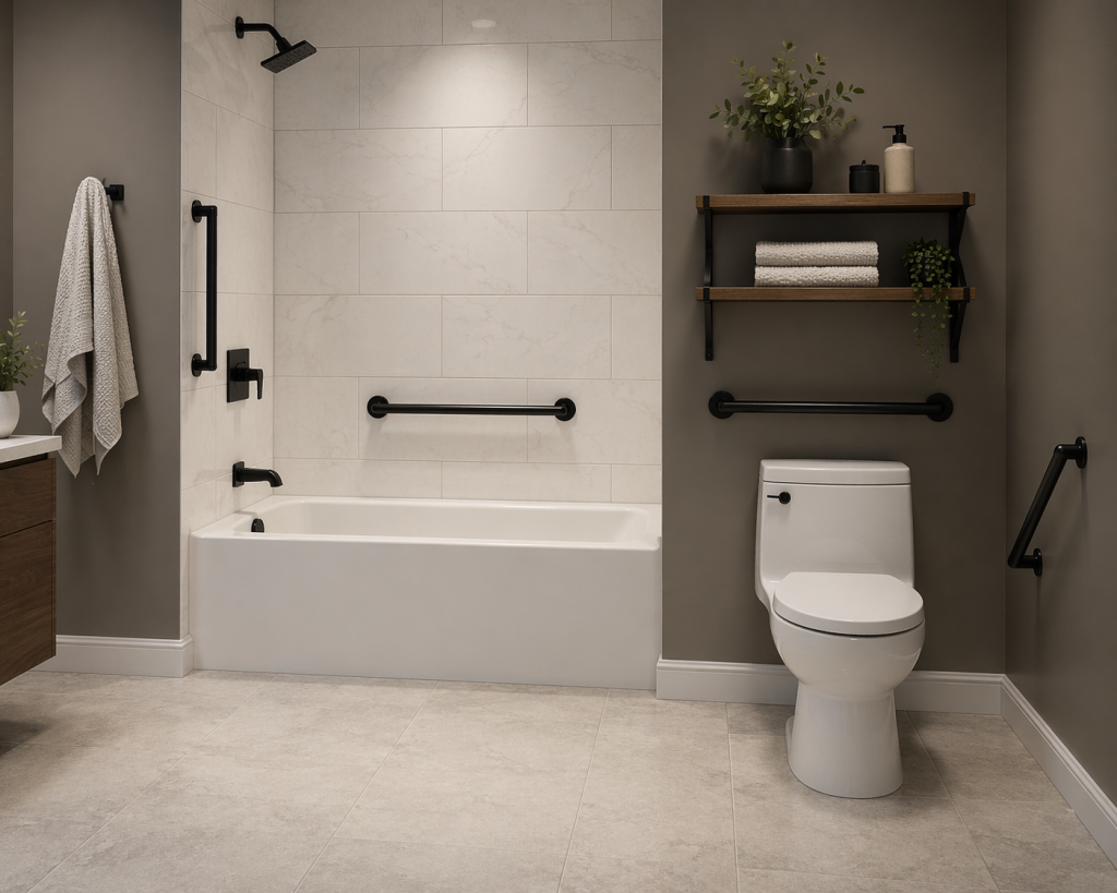 Grab bar installation guide showing grab bar placement in bathroom near shower and toilet