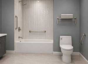grab bar installation guide showing bathroom layout with shower, tub, and toilet safety grab bar placement