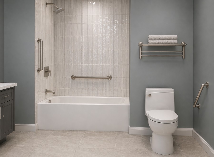 grab bar installation guide showing bathroom layout with shower, tub, and toilet safety grab bar placement