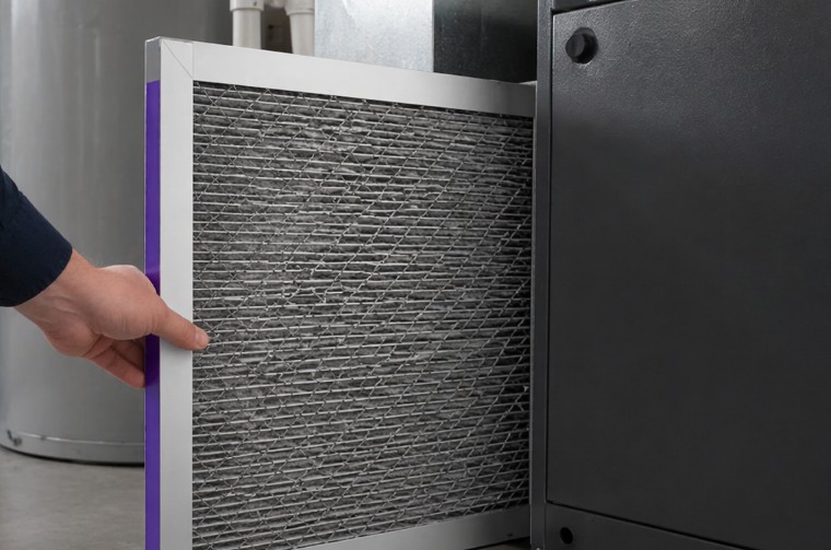 Technician replacing furnace air filter in a clean utility room as part of regular home maintenance for seniors