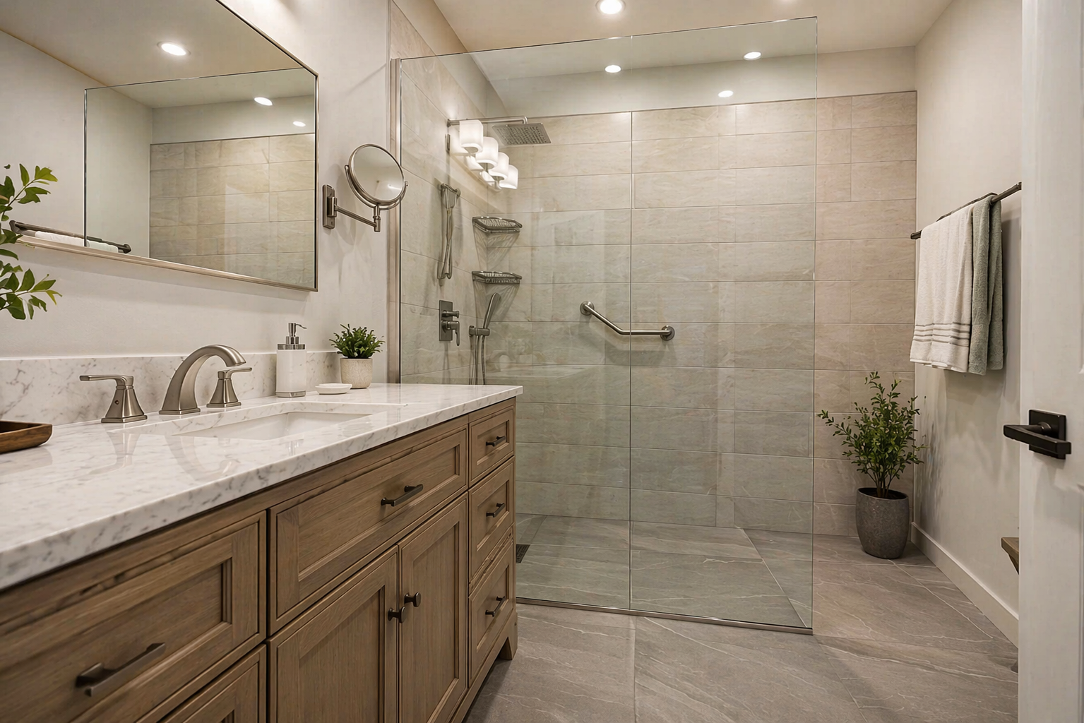 Bathroom renovation in Toronto with walk-in shower and subtle grab bar installation