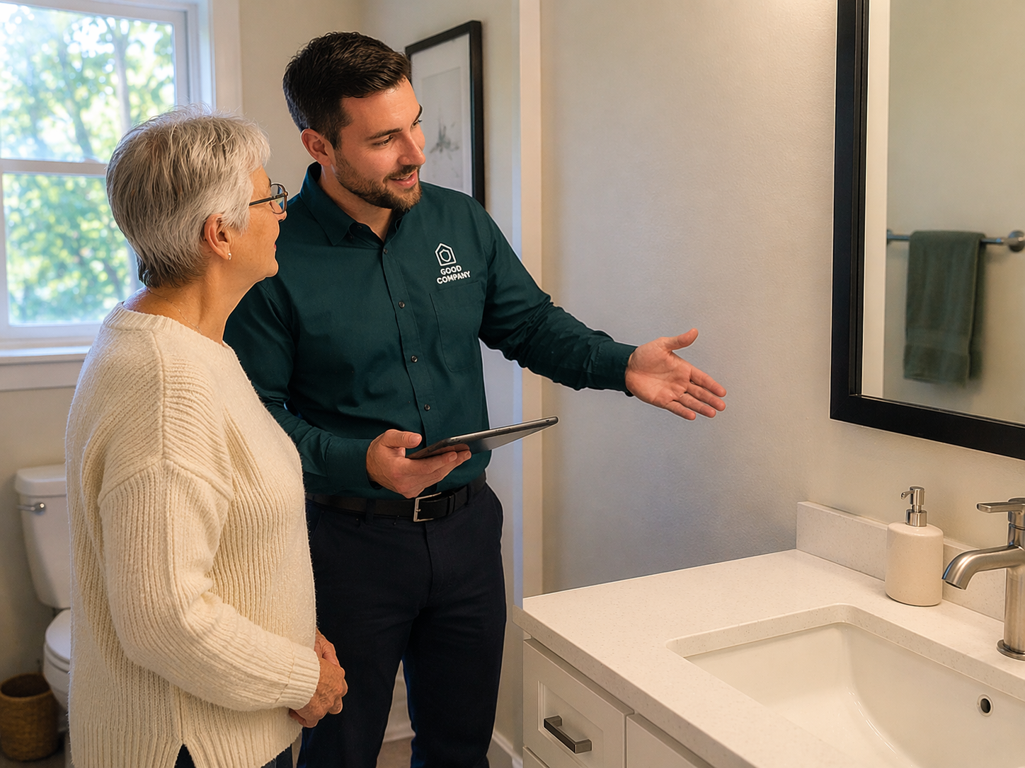 Technician reviewing bathroom safety with homeowner during home safety assessment in North York
