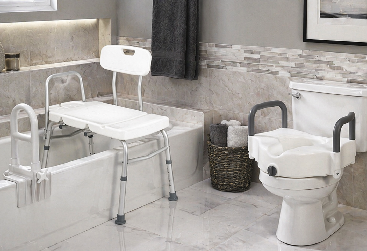 Bathroom safety setup with transfer bench and toilet support installed for home safety equipment installation in Toronto