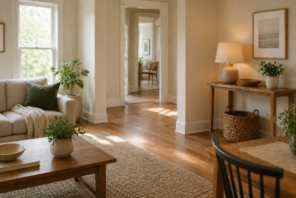Bright, clutter-free living room with clear walking space and good lighting, illustrating home safety tips