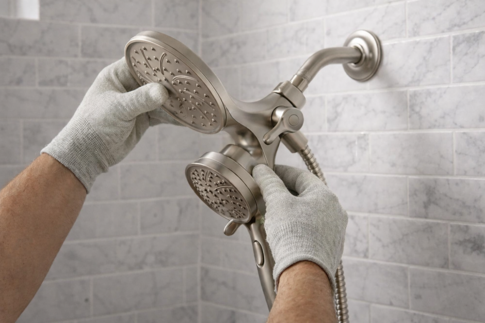 Installing dual showerhead with handheld wand in modern bathroom Toronto