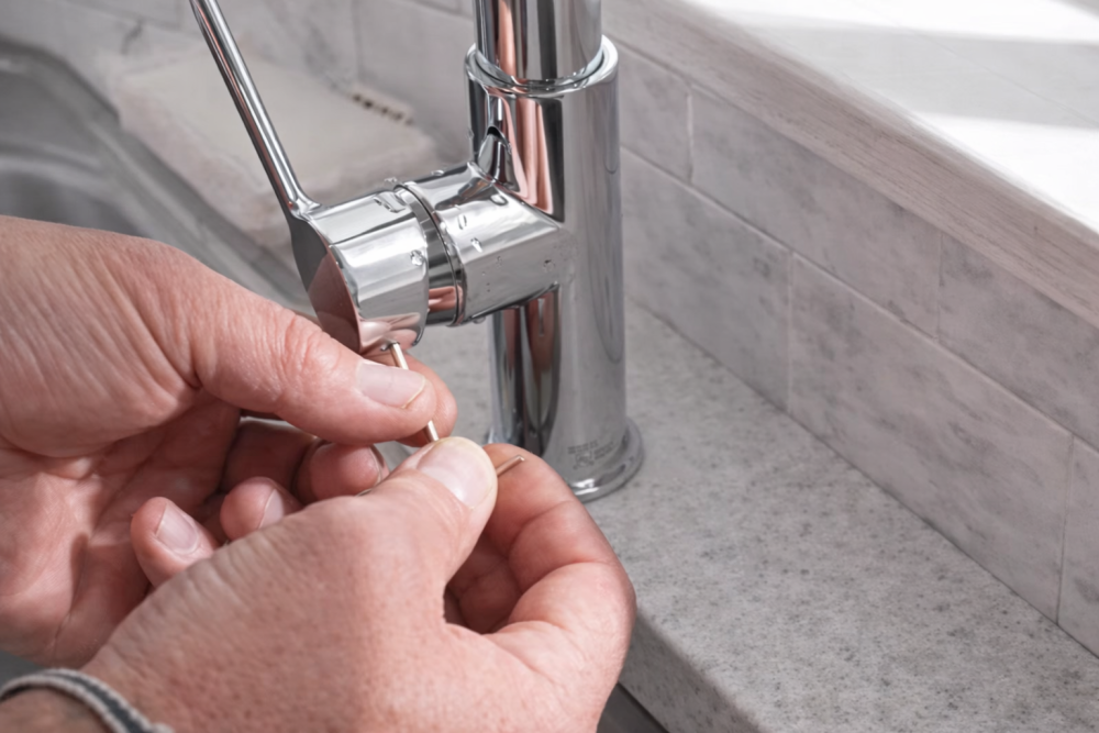 Hand repairing bathroom faucet with tool in Toronto home