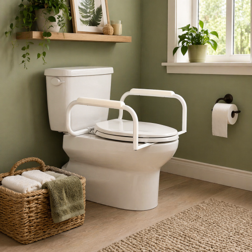 Toilet safety frame installed in a bathroom for home safety equipment installation in Toronto