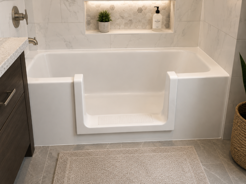 Bathtub cutout installed in a white tub in Toronto