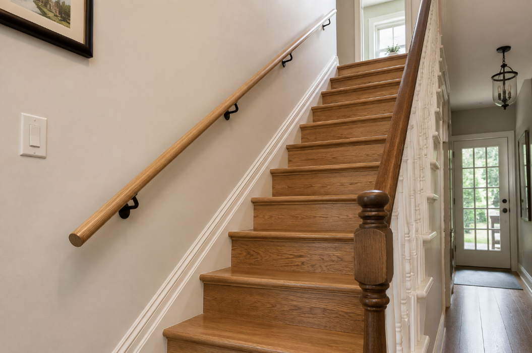 Oak stair handrail installation on the wall side of a Toronto home staircase