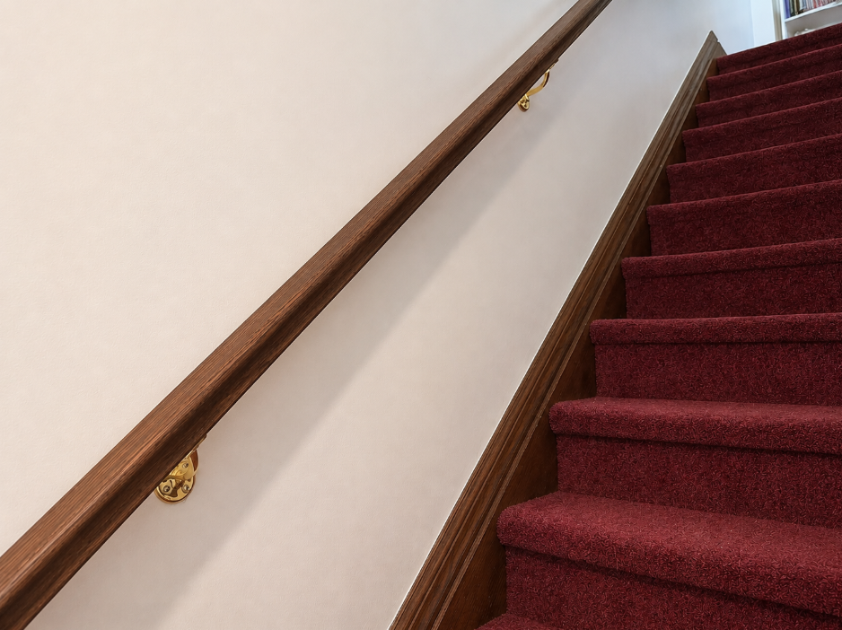 Oak stair handrail with brass brackets installed in a Toronto home
