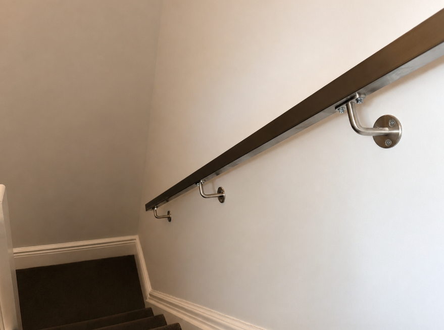 Wall mounted stair handrail with stainless steel railing and brackets in a Toronto home