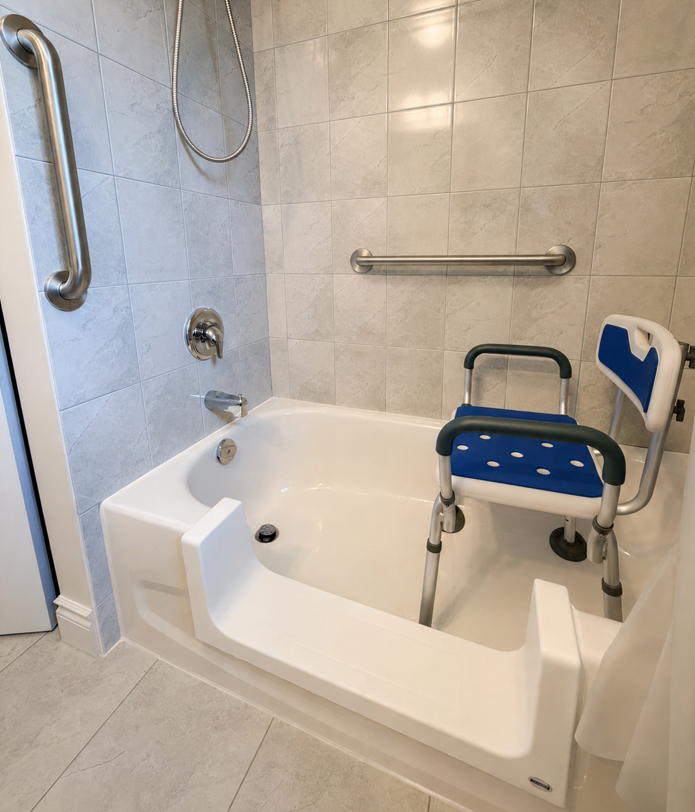 Accessible bathtub with a professionally installed bathtub cutout, grab bars and transfer bench in a Toronto home.