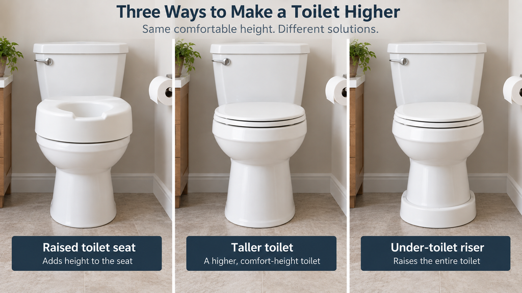 Three ways to make a toilet higher: a raised toilet seat, a taller toilet and an under-toilet riser.