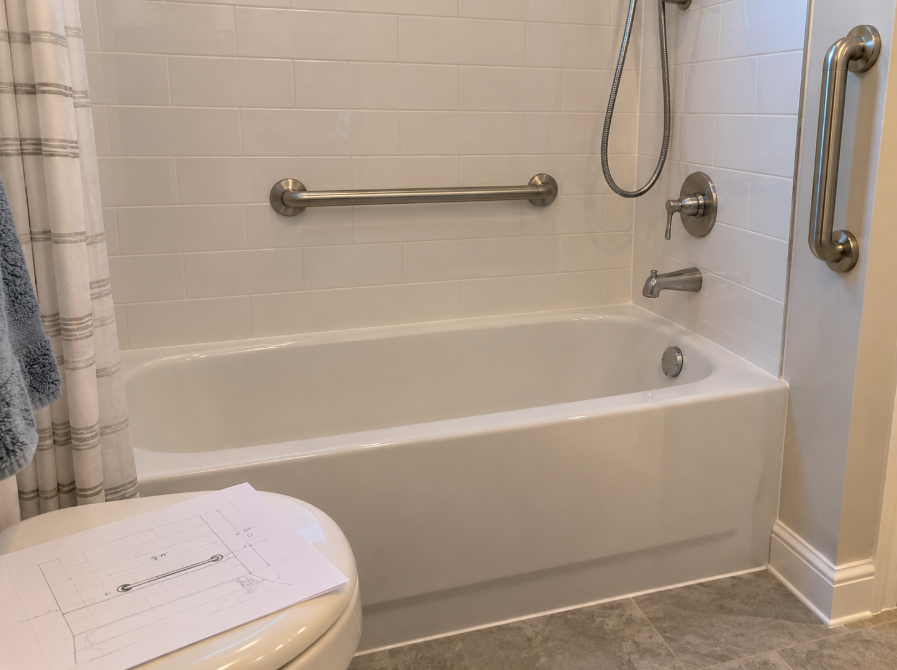 Grab bars installed in a residential bathtub following a home accessibility plan